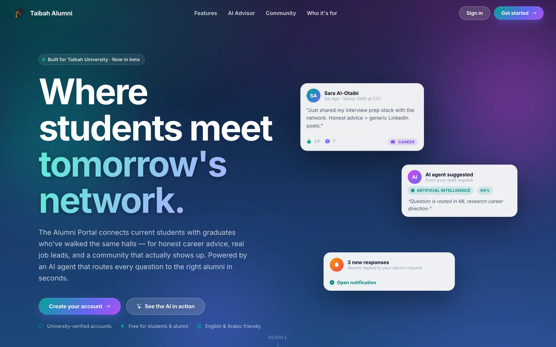 Taibah Alumni landing page. Headline "Where students meet tomorrow’s network" on a dark blue-to-purple gradient, with floating cards showing an alumni post, an AI agent classifying a question as Artificial Intelligence at 94% confidence, and a notification of three new responses.